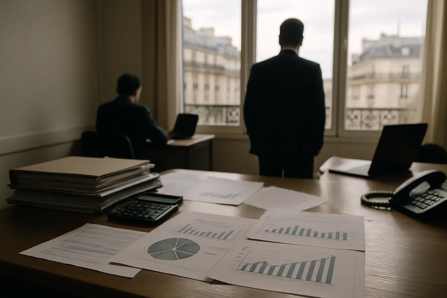 Une pile de dossiers budgétaires et une courbe de dette sur un bureau institutionnel, sans texte ni portrait