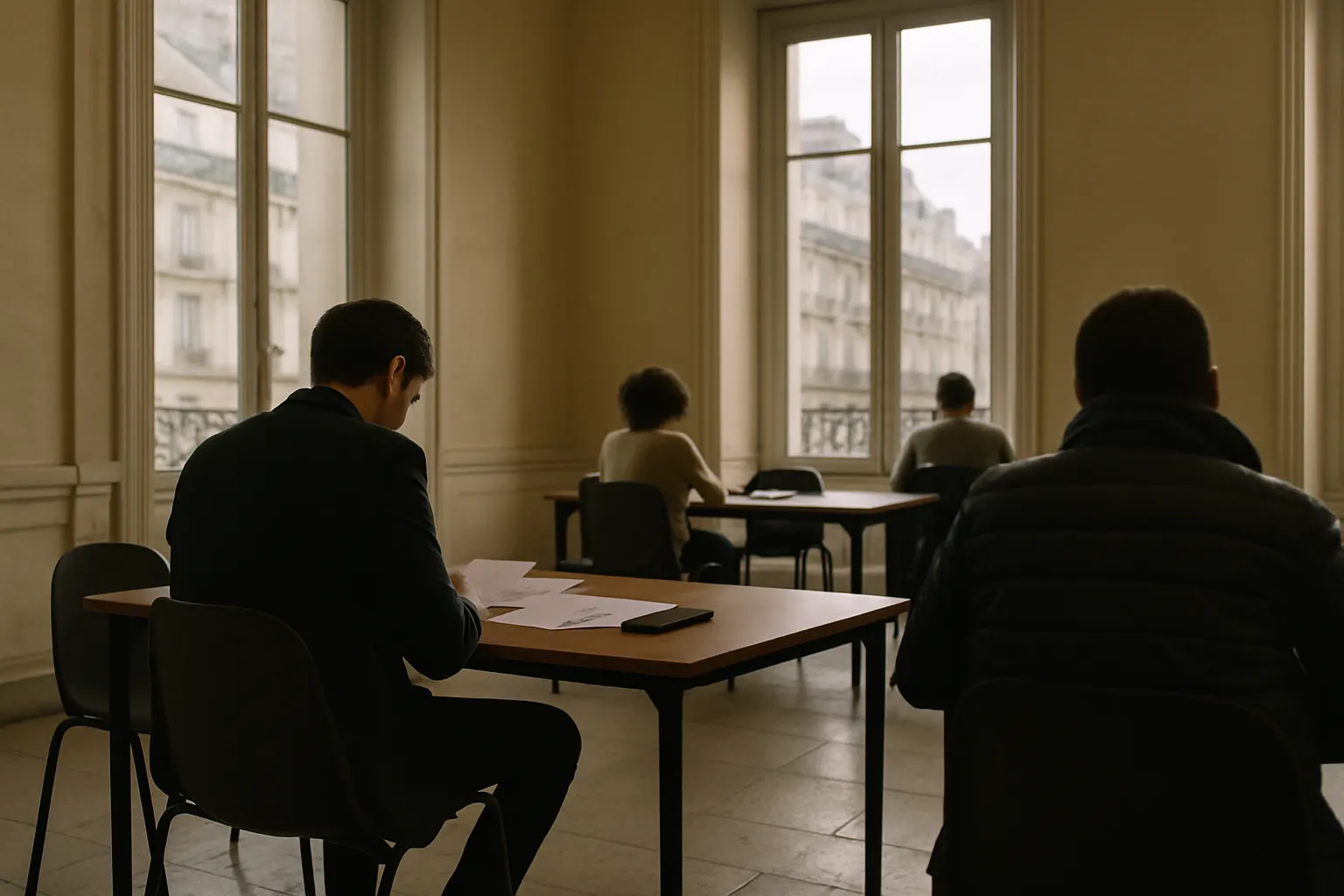 Des casques de chantier, outils industriels et dossiers administratifs alignés sur une table, sans texte ni personne identifiable