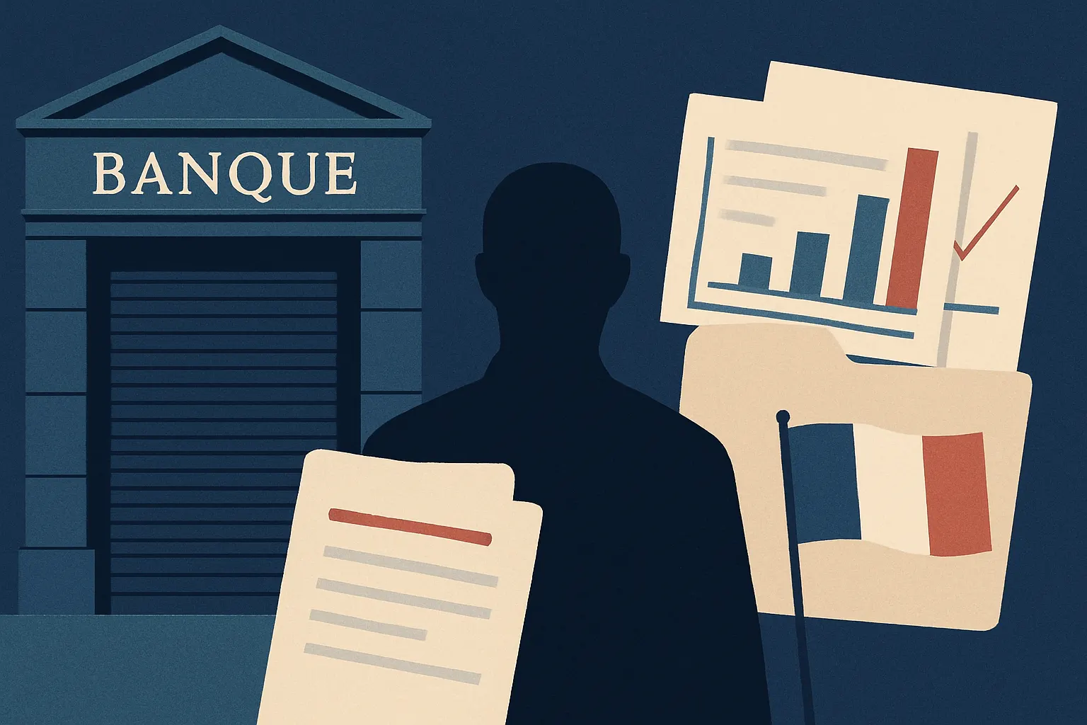 Façade d’une banque et dossier de crédit illustrant l’endettement du Rassemblement national.