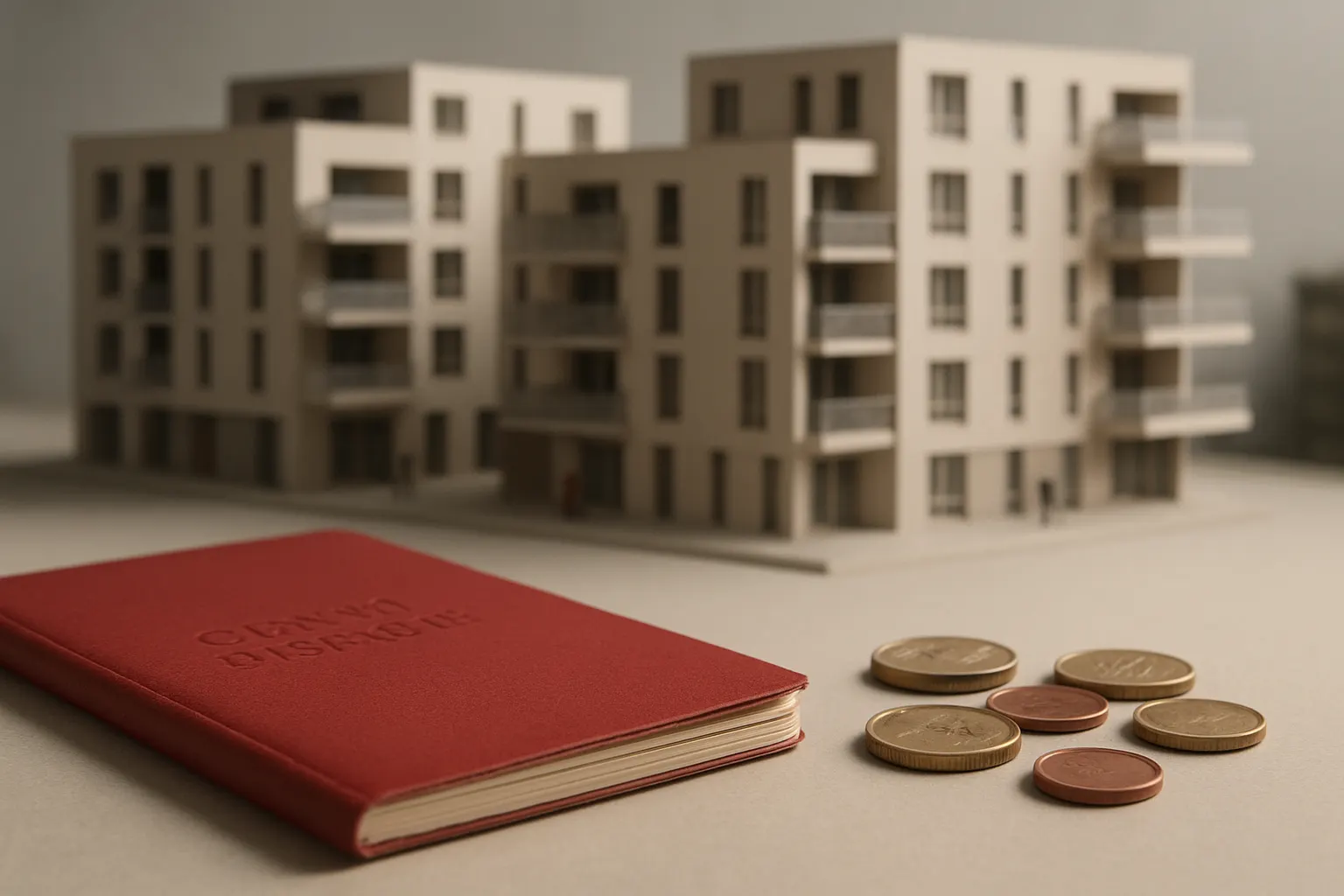 Un livret d’épargne rouge posé près d’une maquette sobre de logements collectifs, sans texte lisible ni logo