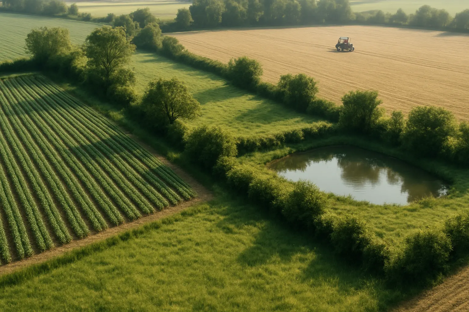 Une parcelle agricole divisée entre cultures, réserve d’eau et haies, sous un ciel sobre, sans texte ni logo