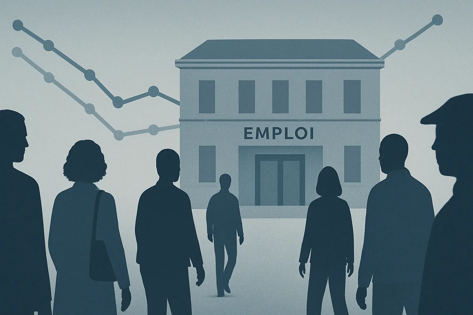 Une file de silhouettes devant un bâtiment de l’emploi avec un graphique sobre en arrière-plan, sans texte ni logo