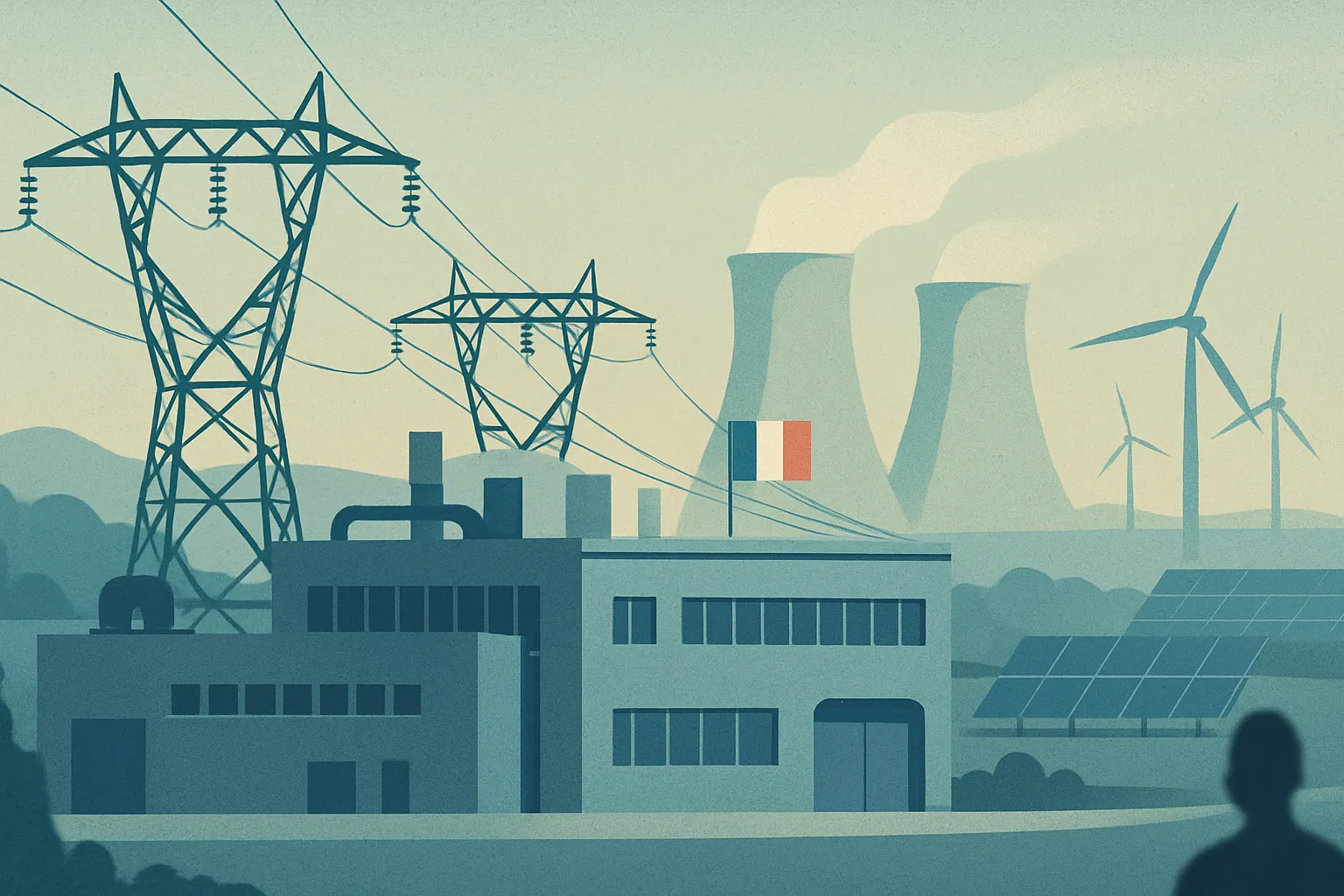 Illustration éditoriale horizontale d’une usine électrifiée reliée à un réseau et à des moyens de production bas-carbone, sans texte ni logo