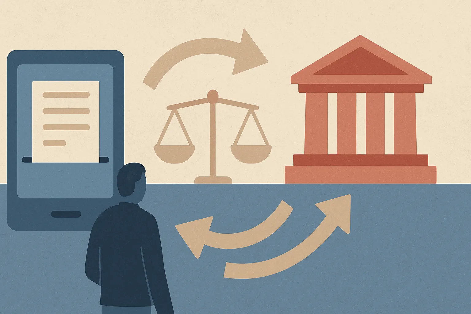 Illustration éditoriale d’une fiche de paie, d’une balance et de flux financiers vers la protection sociale, sans texte lisible