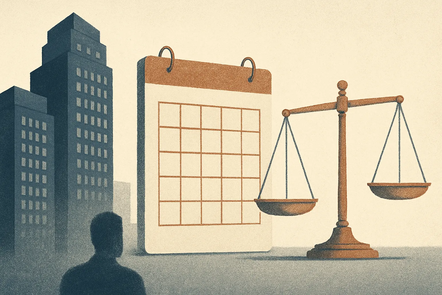 Illustration éditoriale montrant de grands immeubles d’entreprises face à un calendrier budgétaire et une balance fiscale