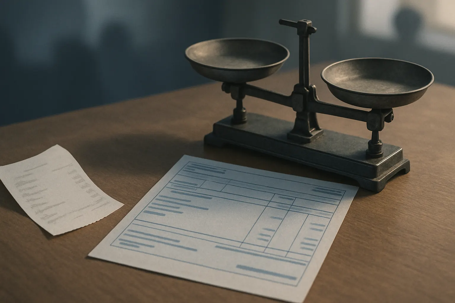 Illustration éditoriale d’un ticket de caisse et d’une fiche de paie mis en balance pour représenter la TVA sociale.