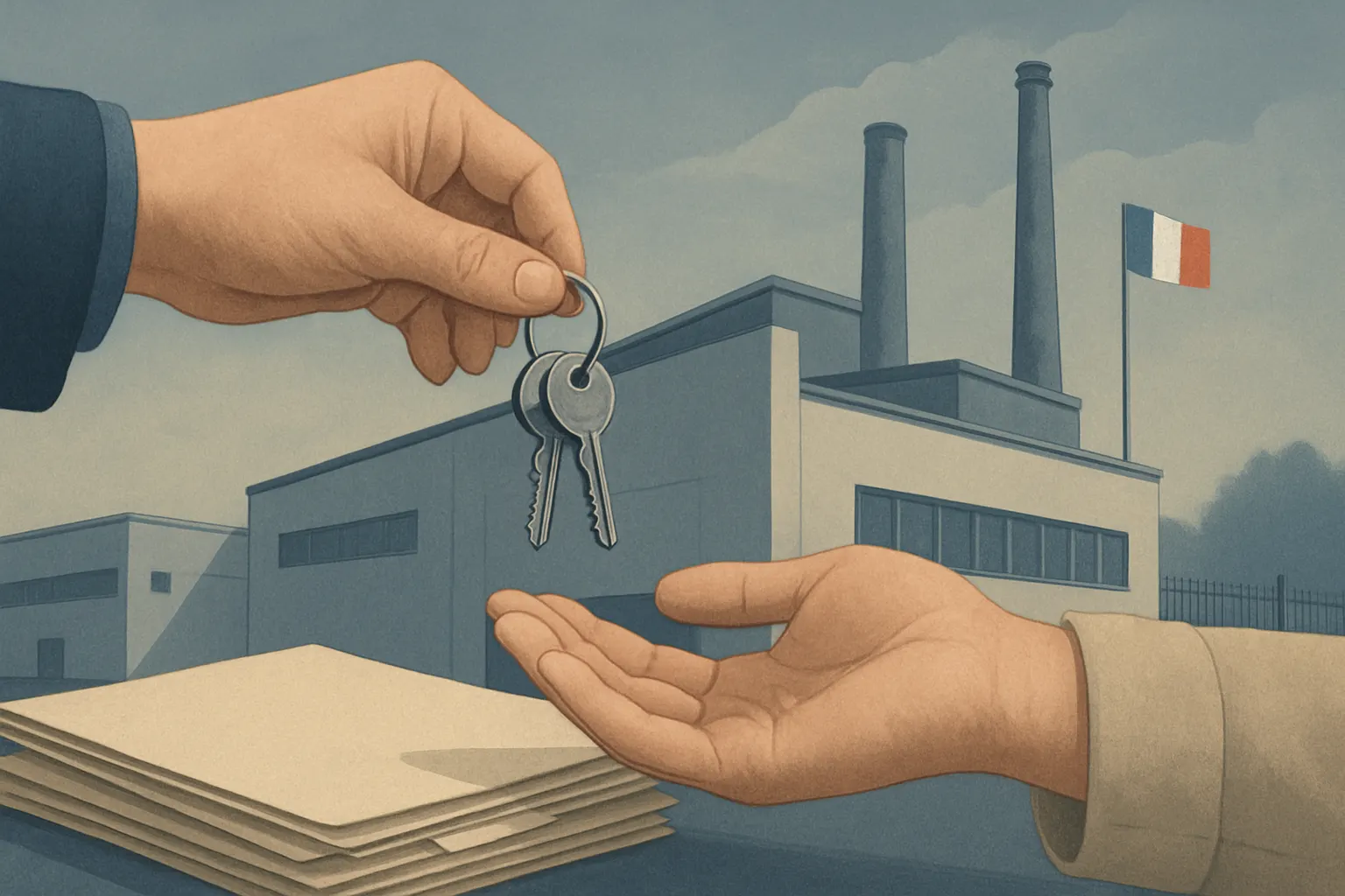 Illustration éditoriale sobre d’une usine familiale transmise entre générations, avec dossiers fiscaux et continuité de production.