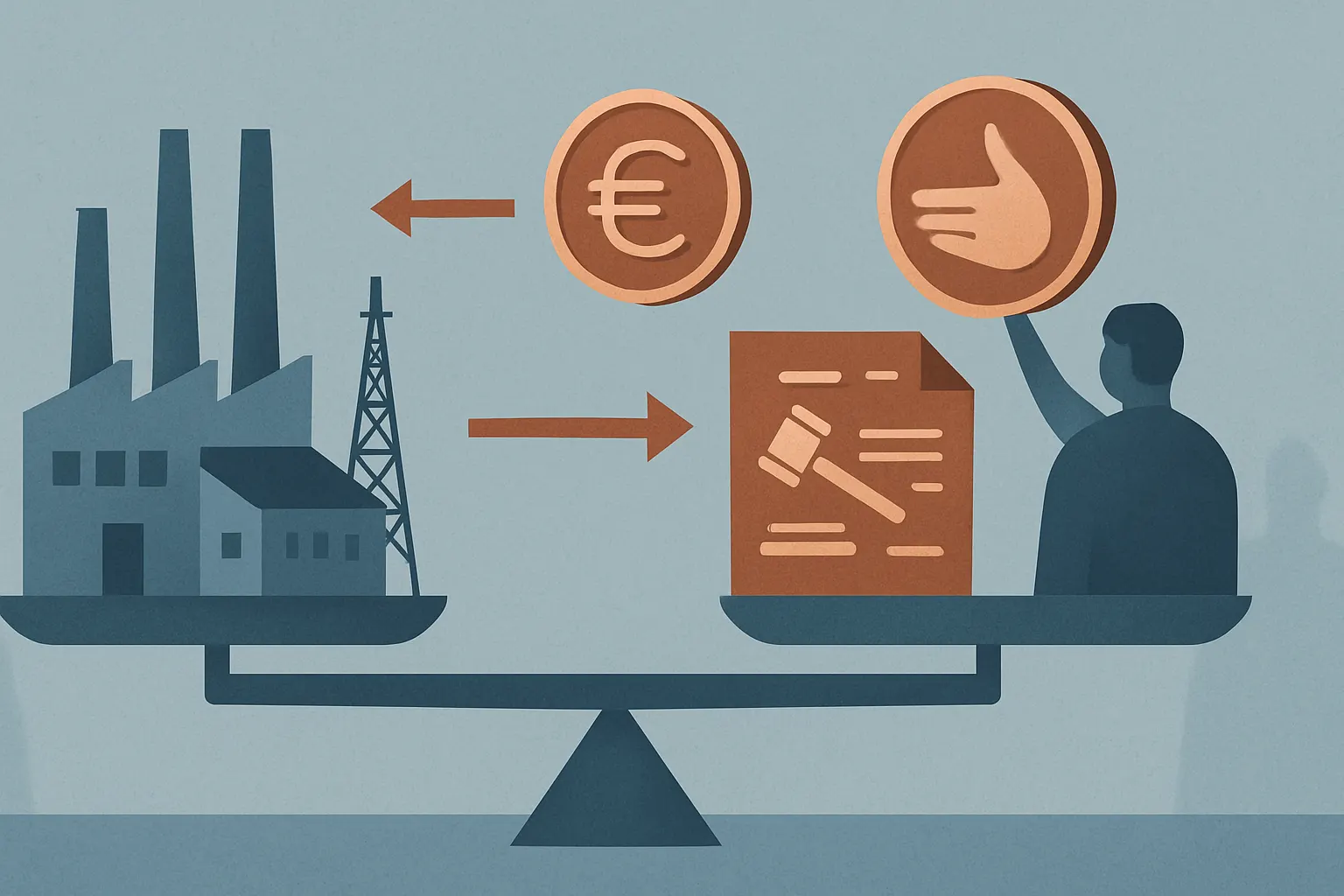 Illustration éditoriale horizontale d’une balance entre impôts de production et aides aux entreprises