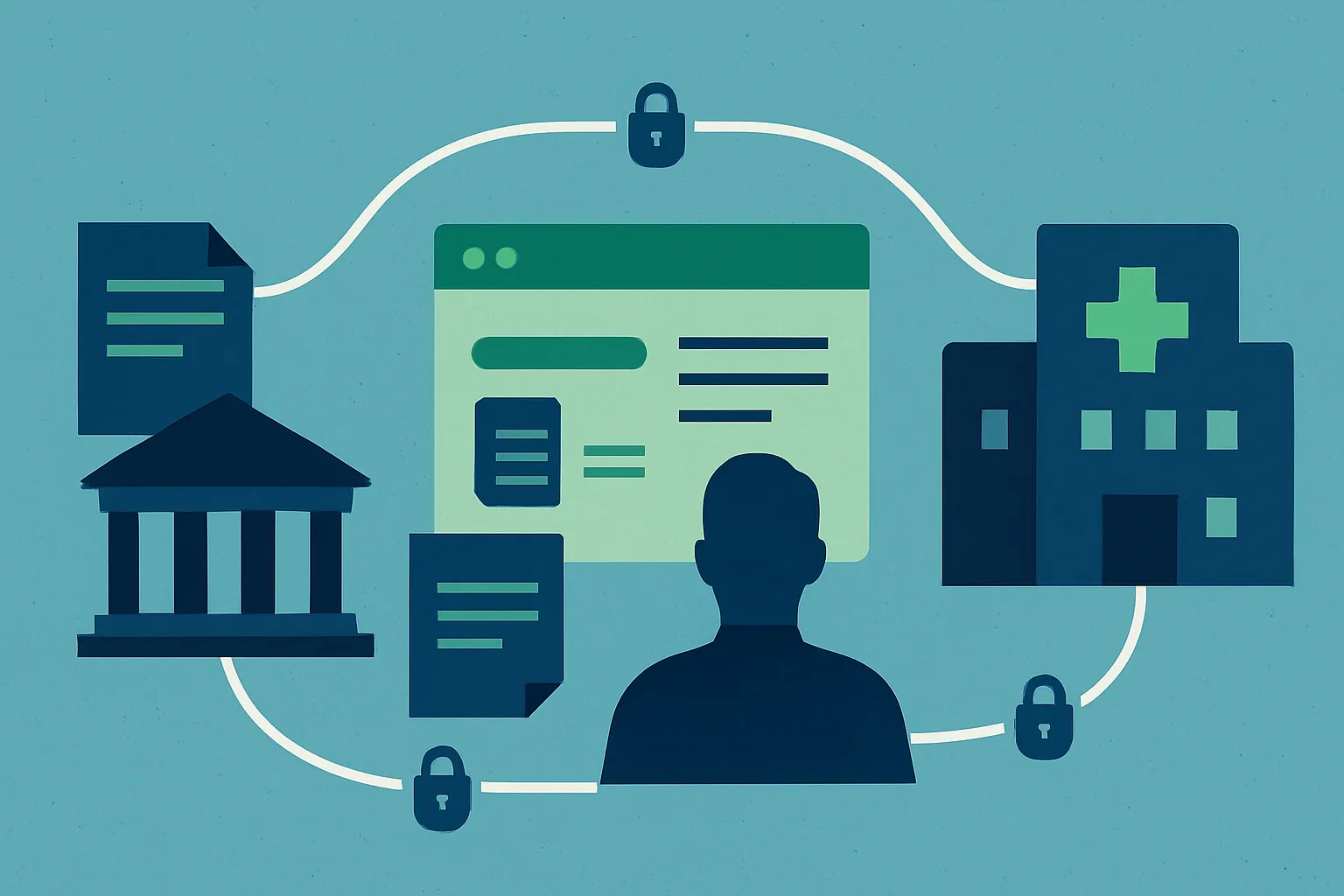 Illustration éditoriale horizontale de services publics reliés par des échanges de données sécurisés
