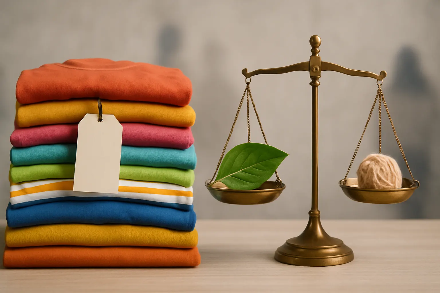 Pile de vêtements colorés avec étiquette de prix abstraite et balance environnementale, sans marque ni texte lisible