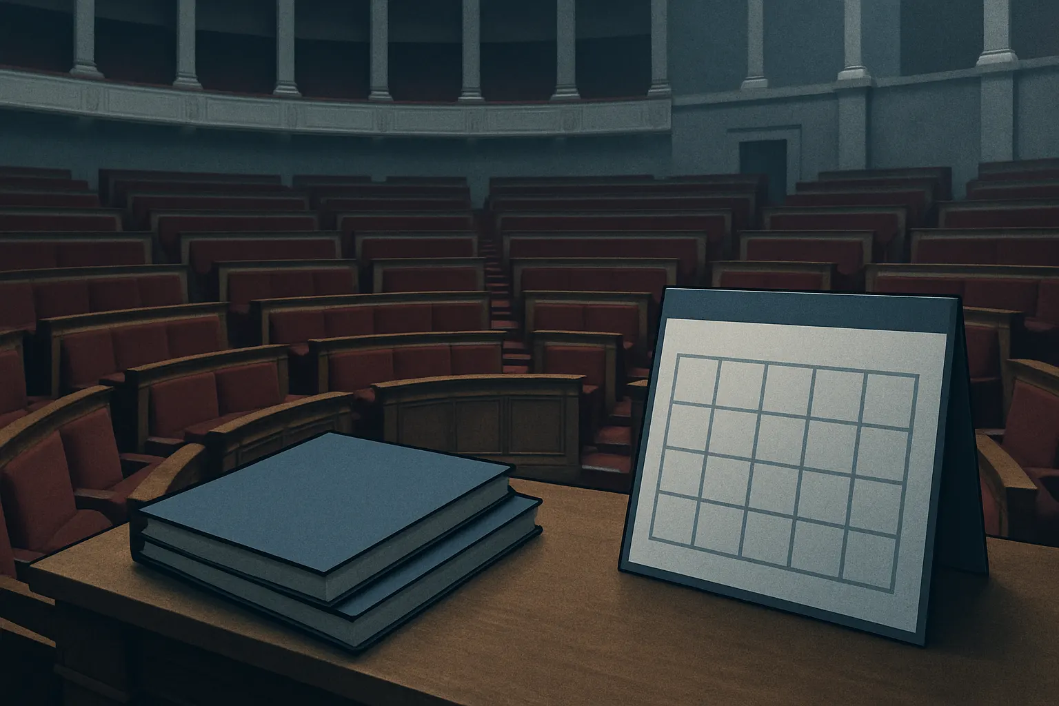 Hémicycle vide avec dossiers budgétaires fermés et calendrier annuel, sans personne ni texte lisible