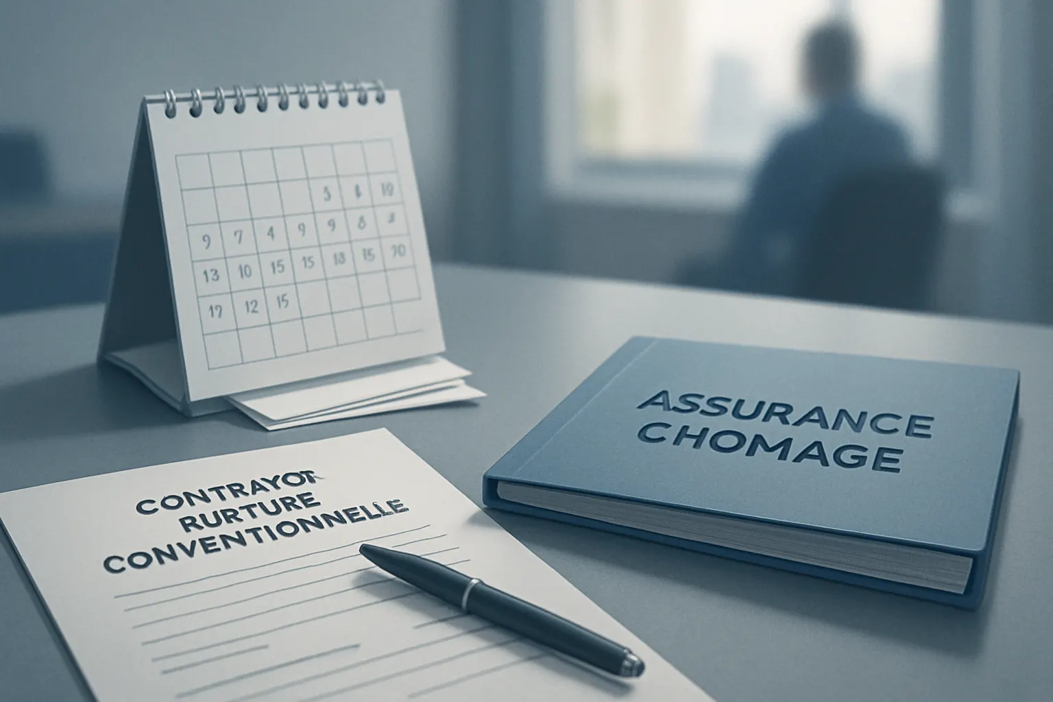 Un calendrier raccourci posé à côté d’un contrat de rupture conventionnelle et d’un dossier d’assurance-chômage