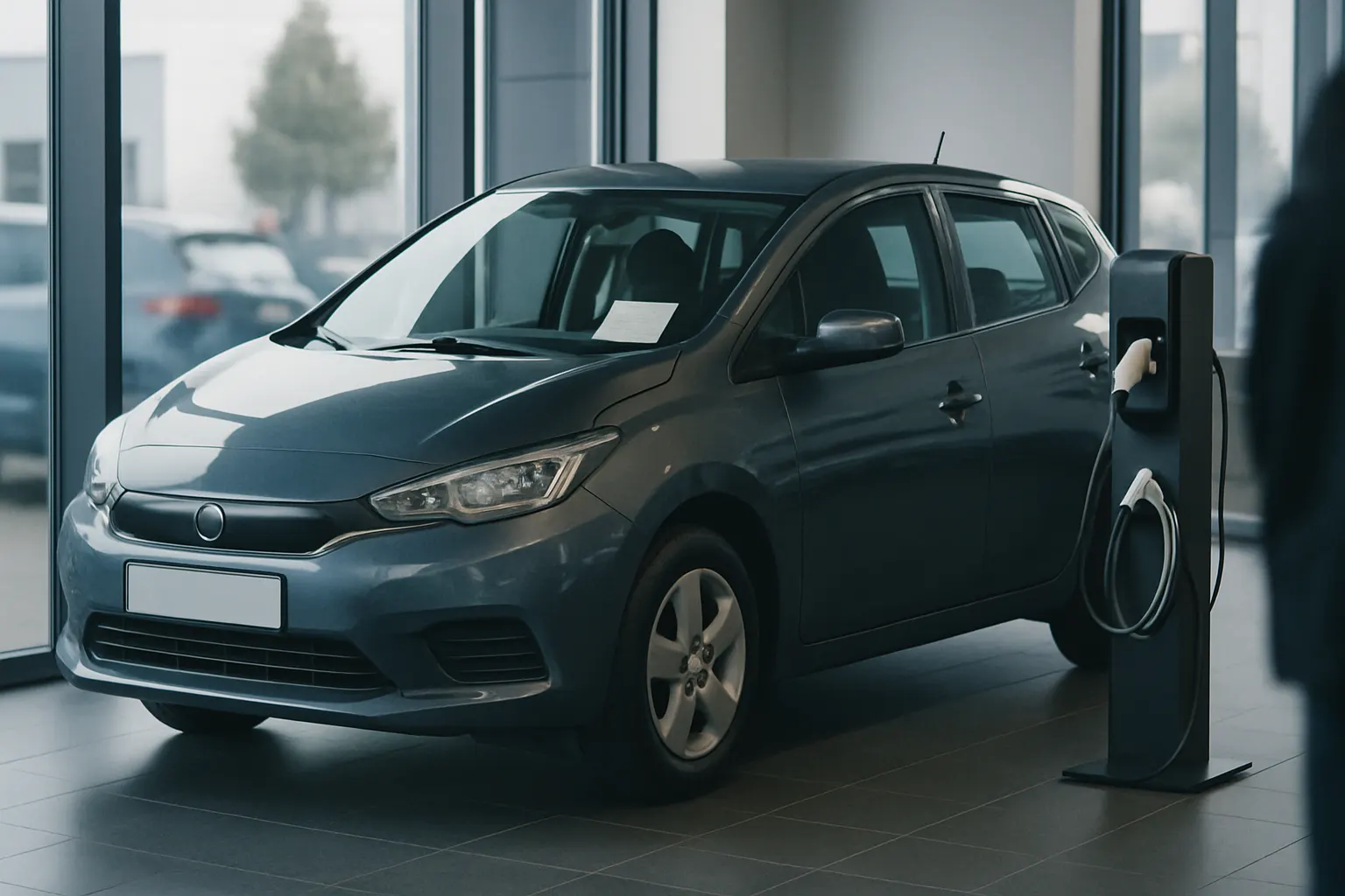 Une voiture électrique d’occasion en concession avec une batterie contrôlée et une borne de recharge, sans marque visible