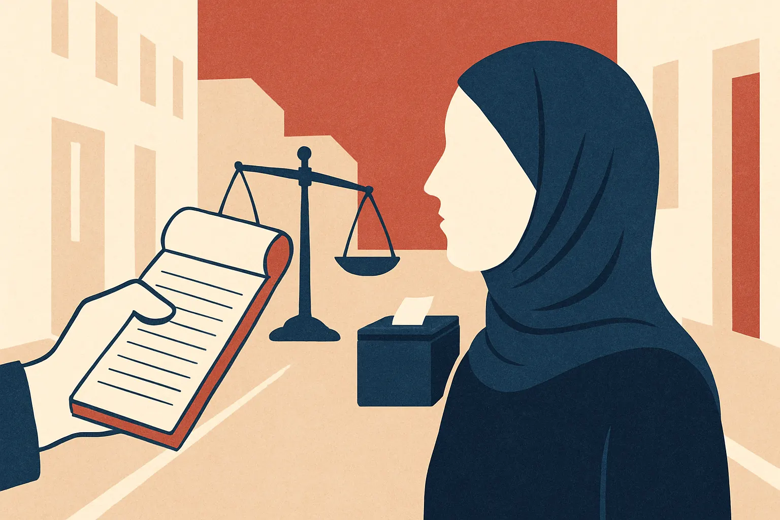 Une contravention tendue à une femme portant un foulard dans une rue française, devant une balance déséquilibrée
