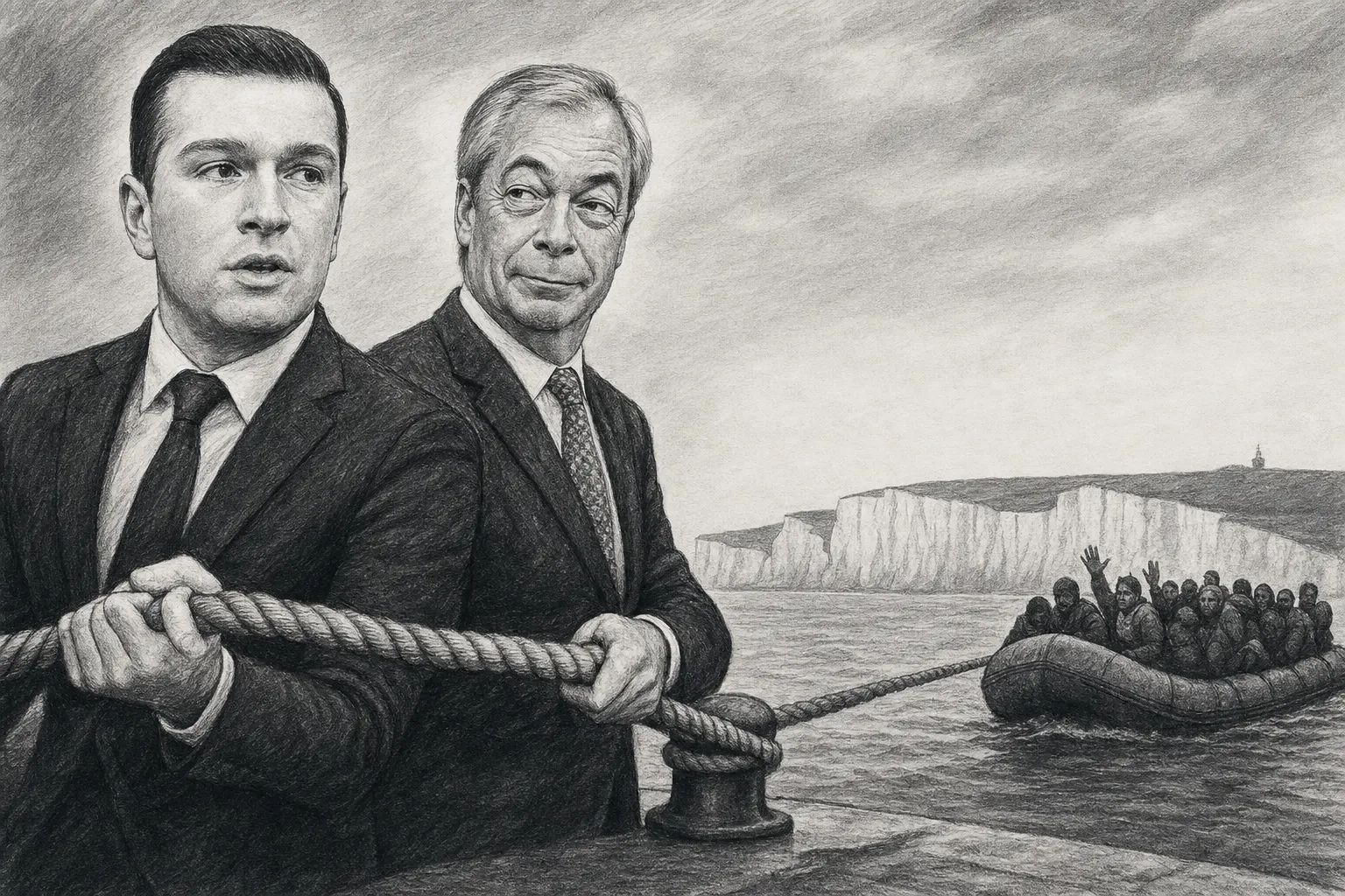 Illustration éditoriale de la Manche séparant les côtes française et britannique, avec une petite embarcation et un document d’accord au premier plan.